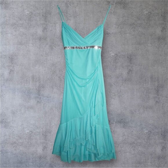 My Michelle Aqua Blue Slip Dress - Size M - Sequin Trim, Ruched Mesh, Ruffle Hem - Picture 2 of 16